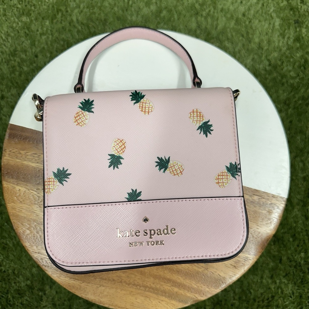 New Kate Spade Staci Square top handle pineapple crossbody bag pink multi